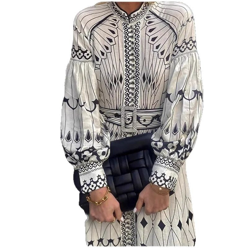Women's Style Elegant Long-sleeved Printed Large Swing Dresses