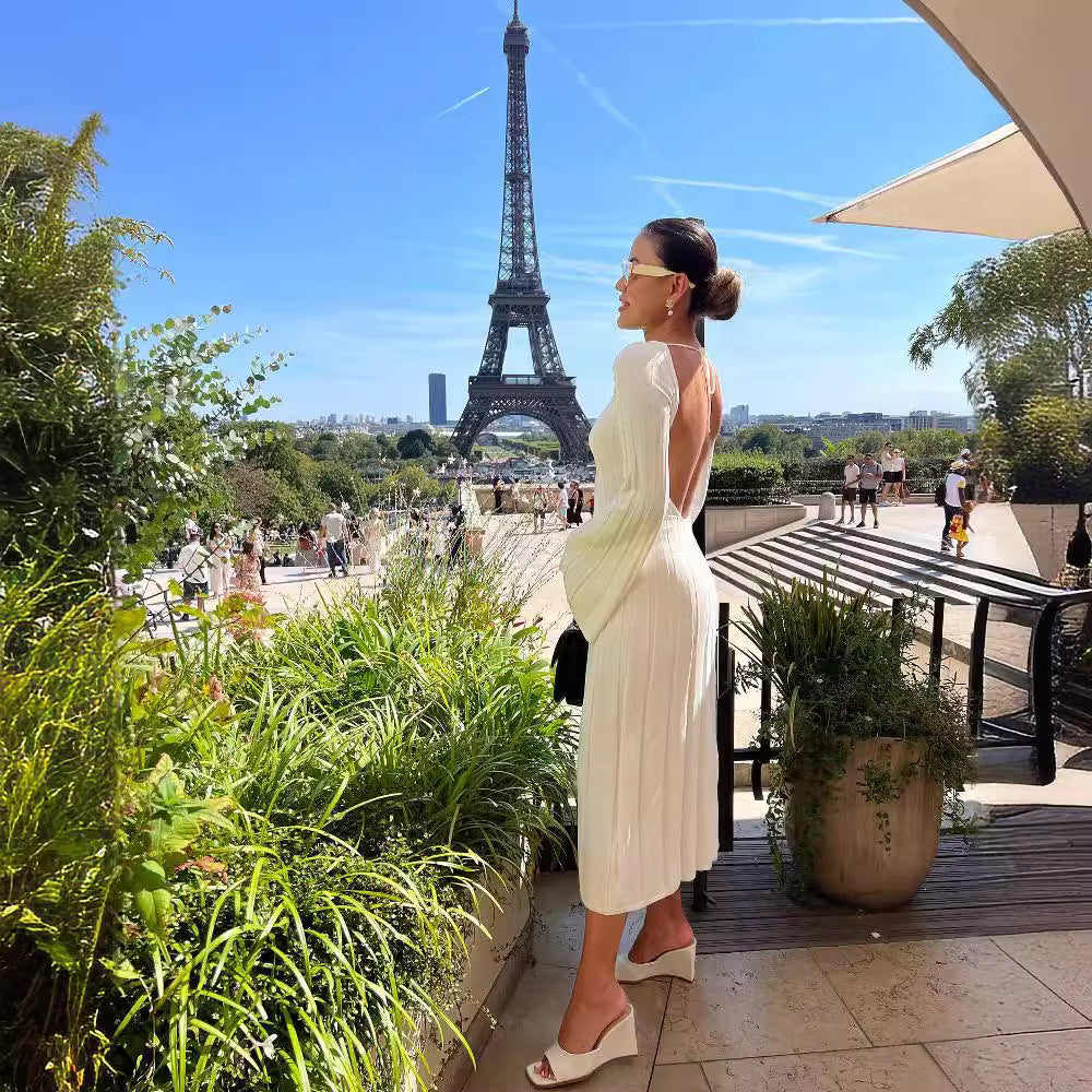 Women's Slimming Round Neck Big Pit Stripe Backless Dresses