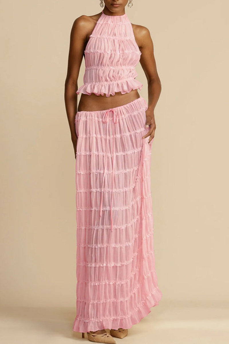 Summer Backless Halter Strap Drawstring Chiffon Dresses