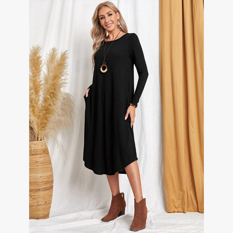 Women's Solid Color Knitted Side Seam Straight Pocket Curved Hem Dress