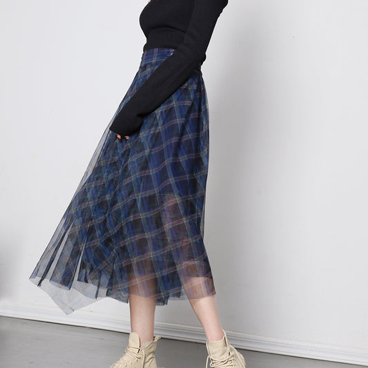 Women's Elegant Sexy Tulle Blue Plaid High Skirts