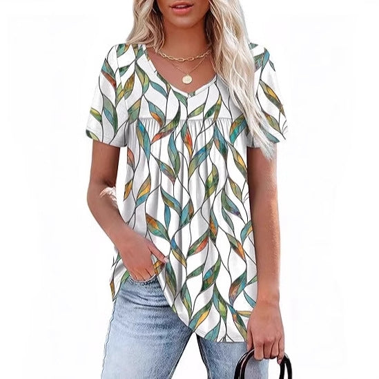 Women's Pleated Short-sleeved Printed T-shirt Casual Blouses