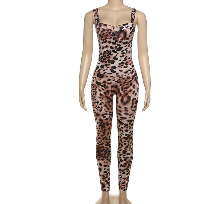 Women's Spring Fashion Sexy Leopard Print Sling Backless Jumpsuits