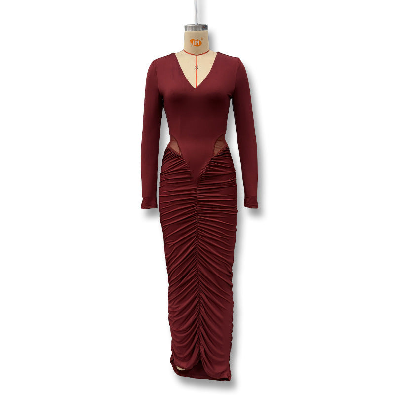 Women's Solid Color Deep V Sexy Midriff Outfit Pleated Waist Tight Dress