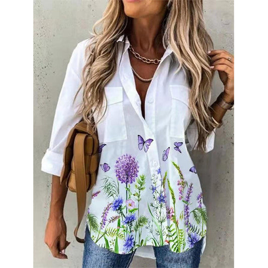 Women's Fashion Digital Printing Long Sleeve Shirt Blouses