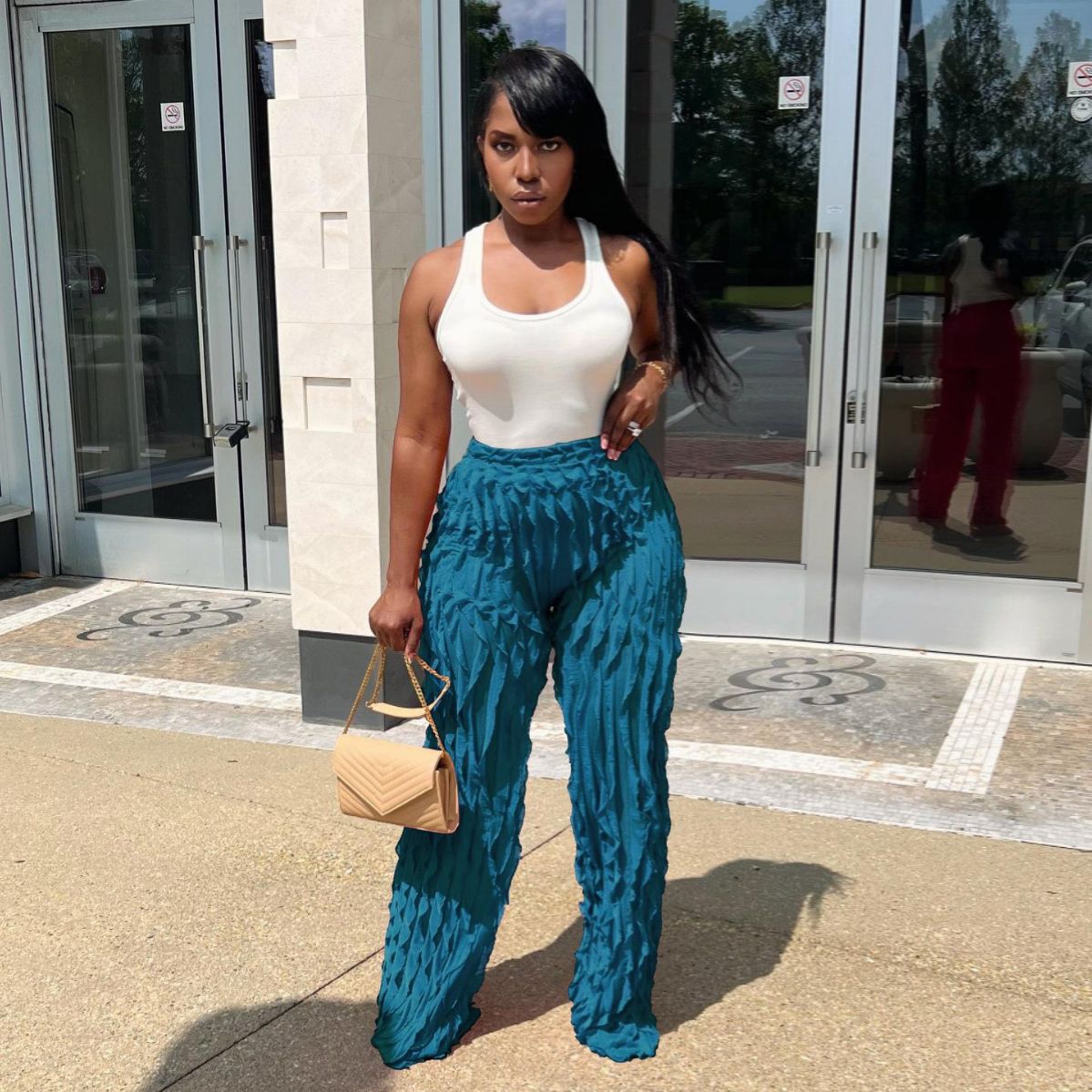 Women's Mesh Wavy Ruffled Loose High Waist Pants