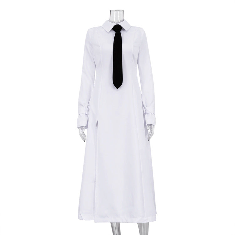 Women's Elegant College Style Lapel Long Sleeve Split Dresses