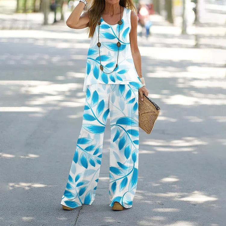 Women's Color Printed Casual Sleeveless T-shirt Trousers Suits