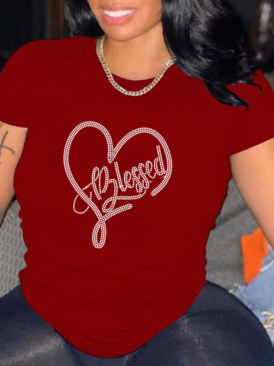 New Attractive Rhinestone Round Neck T-shirt Blouses