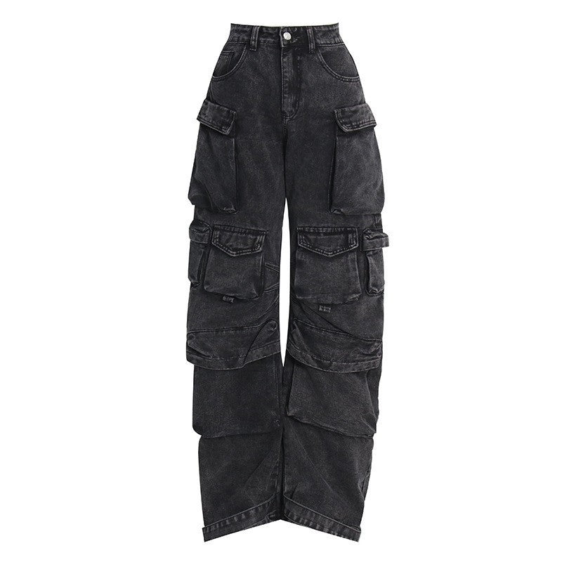 Street Hipster Fashion Smoky Gray Stitching Cargo Washed Pants