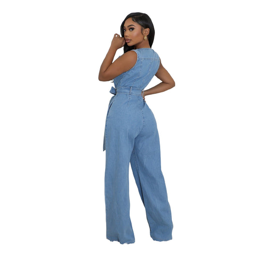 Waist Slim Elastic Washing Denim Straight Jumpsuits