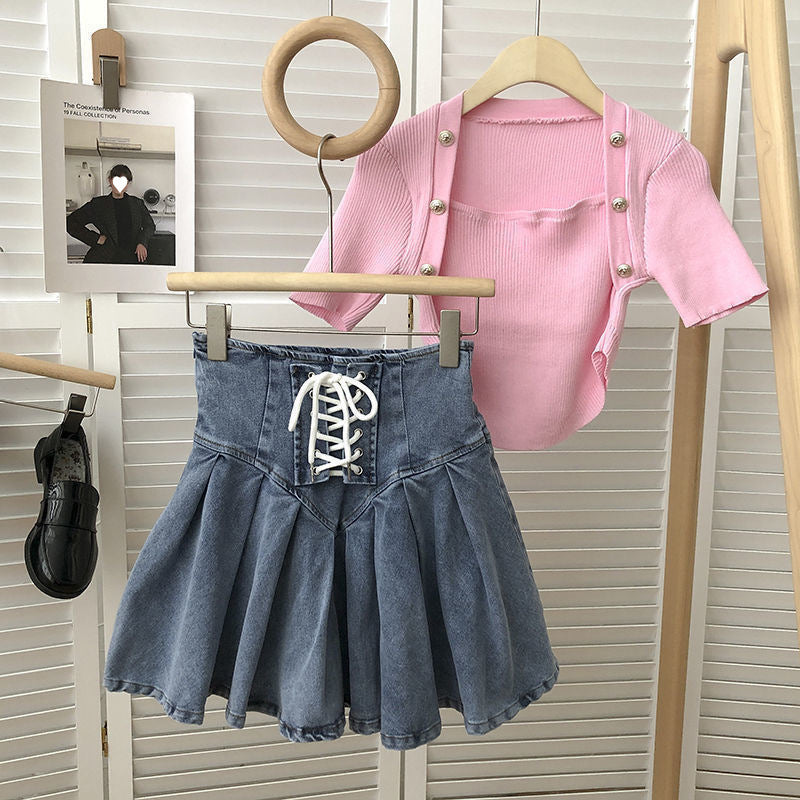 Pleated Denim A- Line Summer Small Skirts