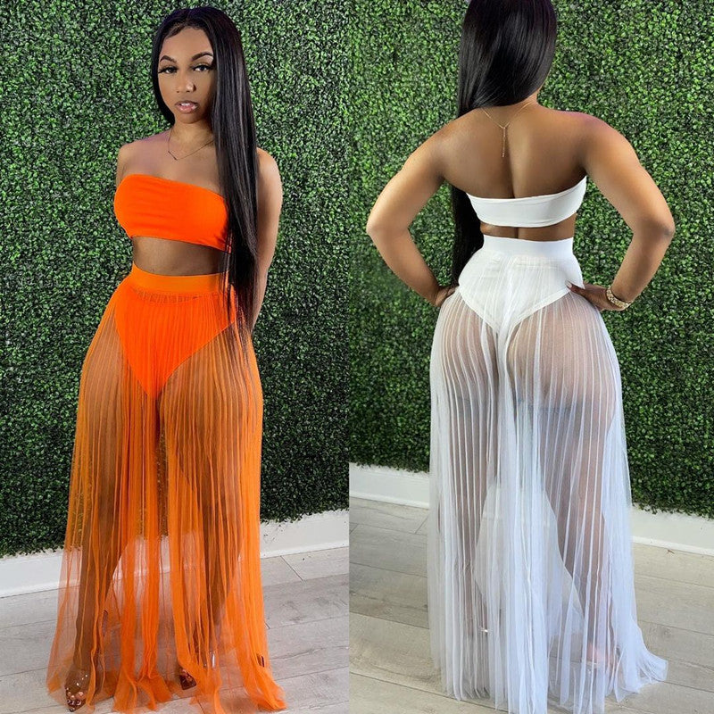 Women's Sexy Mesh Pleating Three-piece Dress Suits