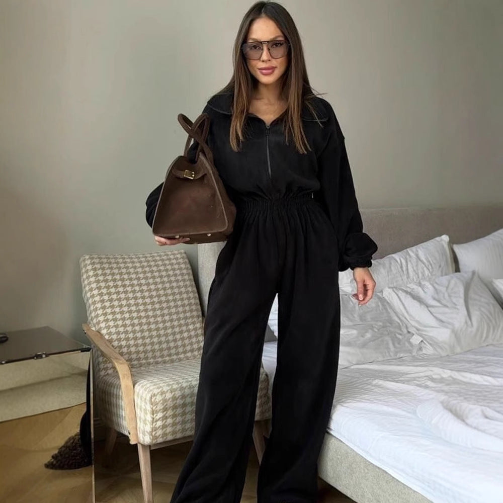 Women's Fashion Long Sleeve Casual Half Elastic Jumpsuits