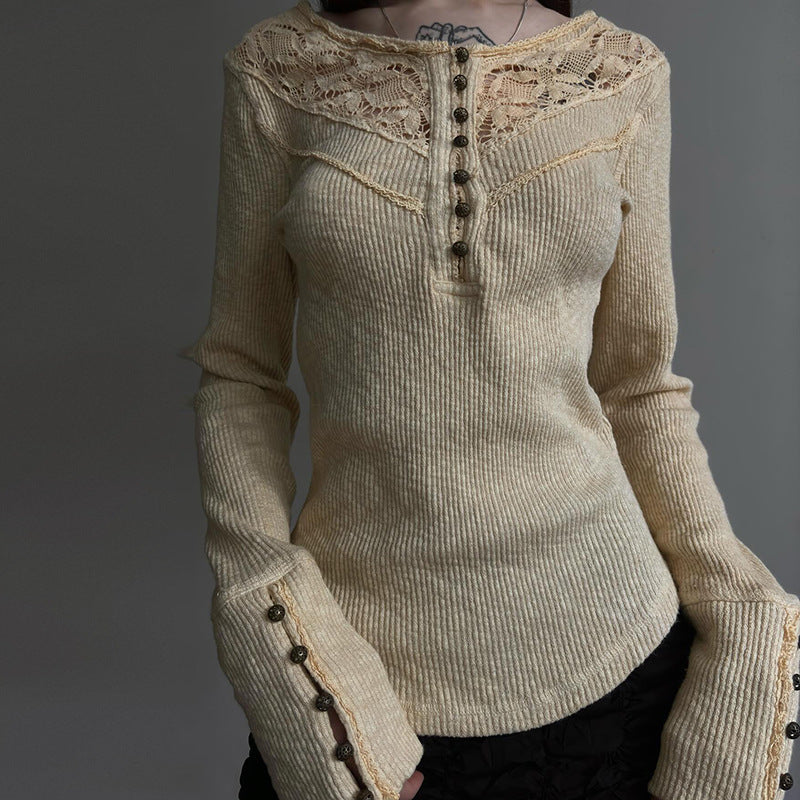 Women's Lace Stitching Split Breasted Round Neck Slim Fit Blouses