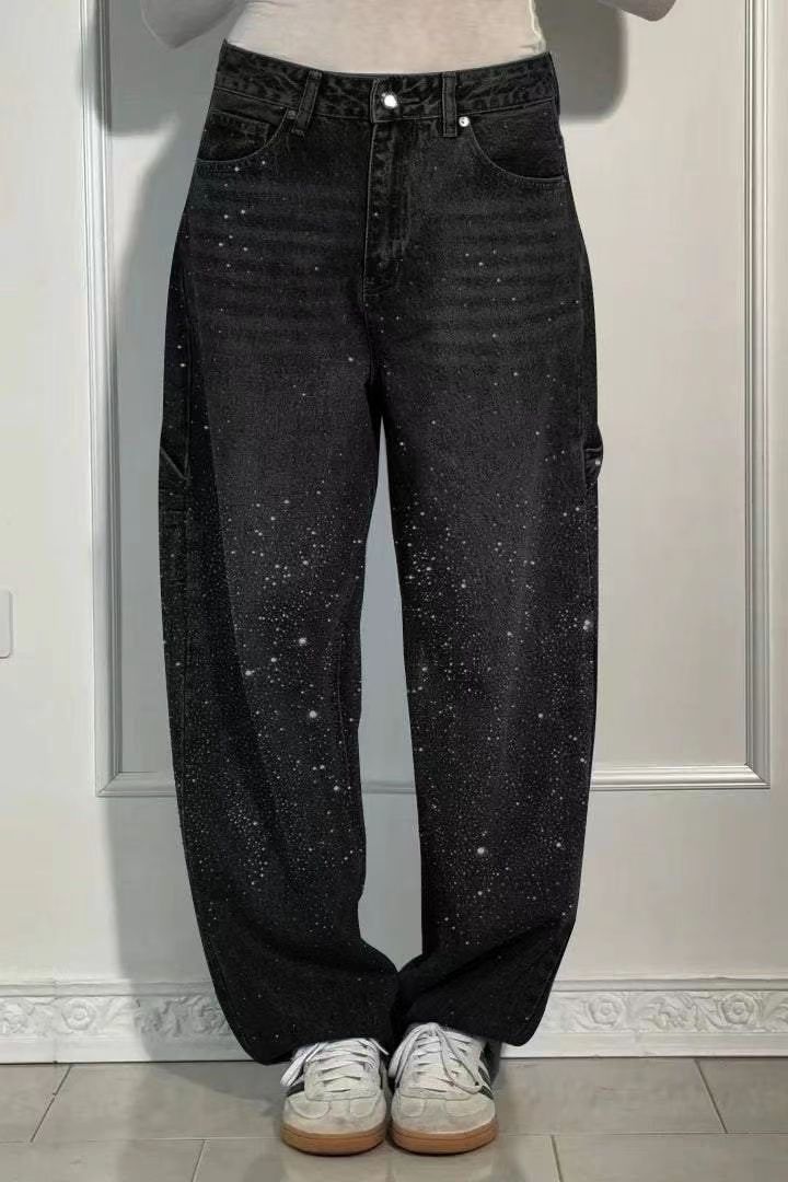 Women's American Street Style Rhinestone Straight Jeans
