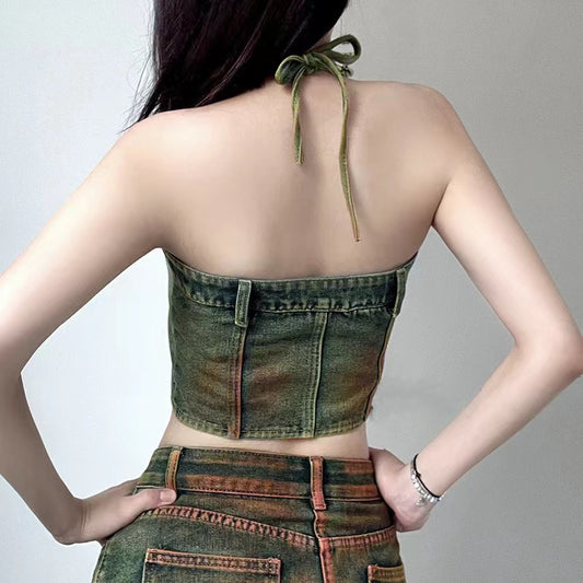 Denim Overall Dress Set Tube Floral Tops