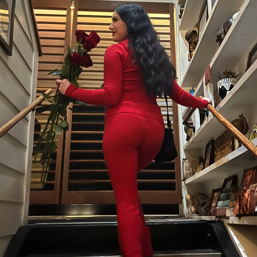 Women's Knitted Hooded Fashion Sexy High Waist Long-sleeved Trousers Suits