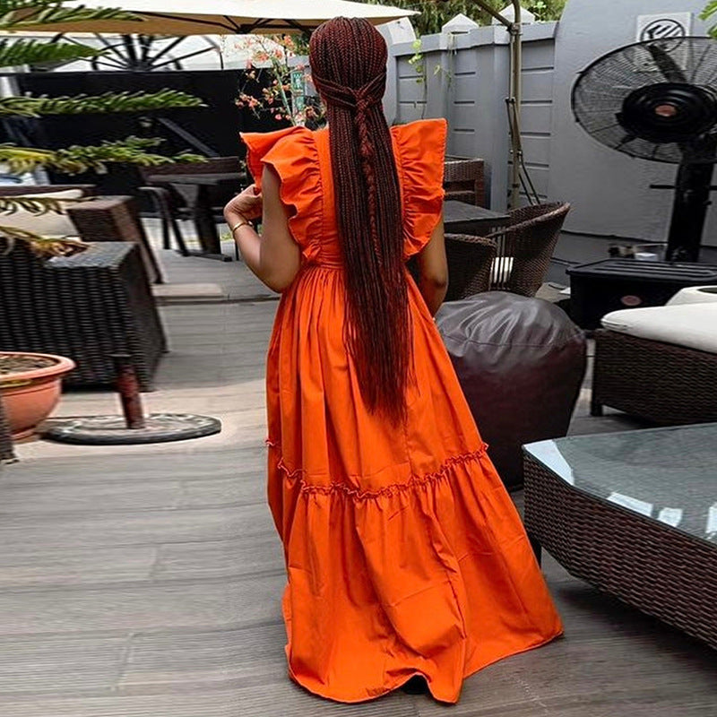 Women's Neck Waist Trimming Long Large Hem Dresses