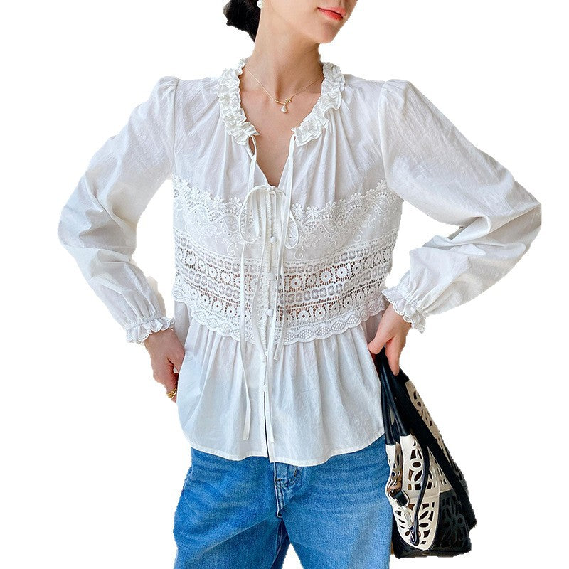 Women's Autumn Lace Shirt French Style Design Long Blouses