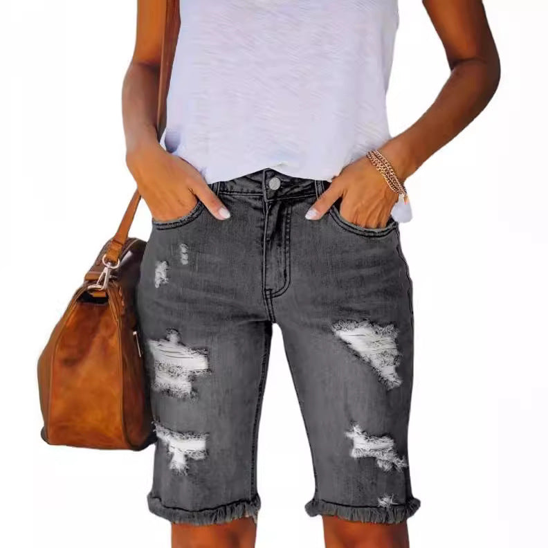 Women's Summer Water Washed Hole Cotton Denim Jeans