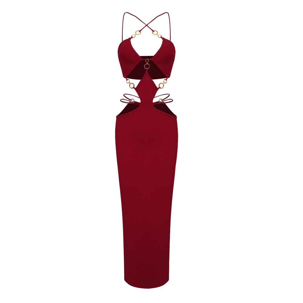 Women's Black Metal Ring Halter Bandage One-piece Dress Sexy Dresses