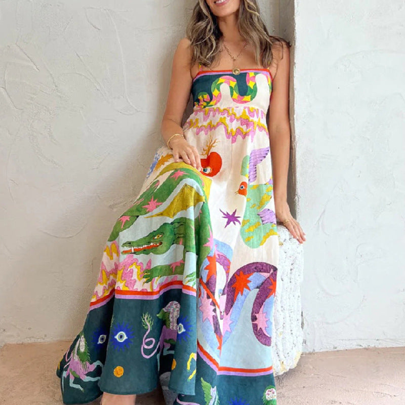 Women's High Waist Print Painted Large Swing Dresses