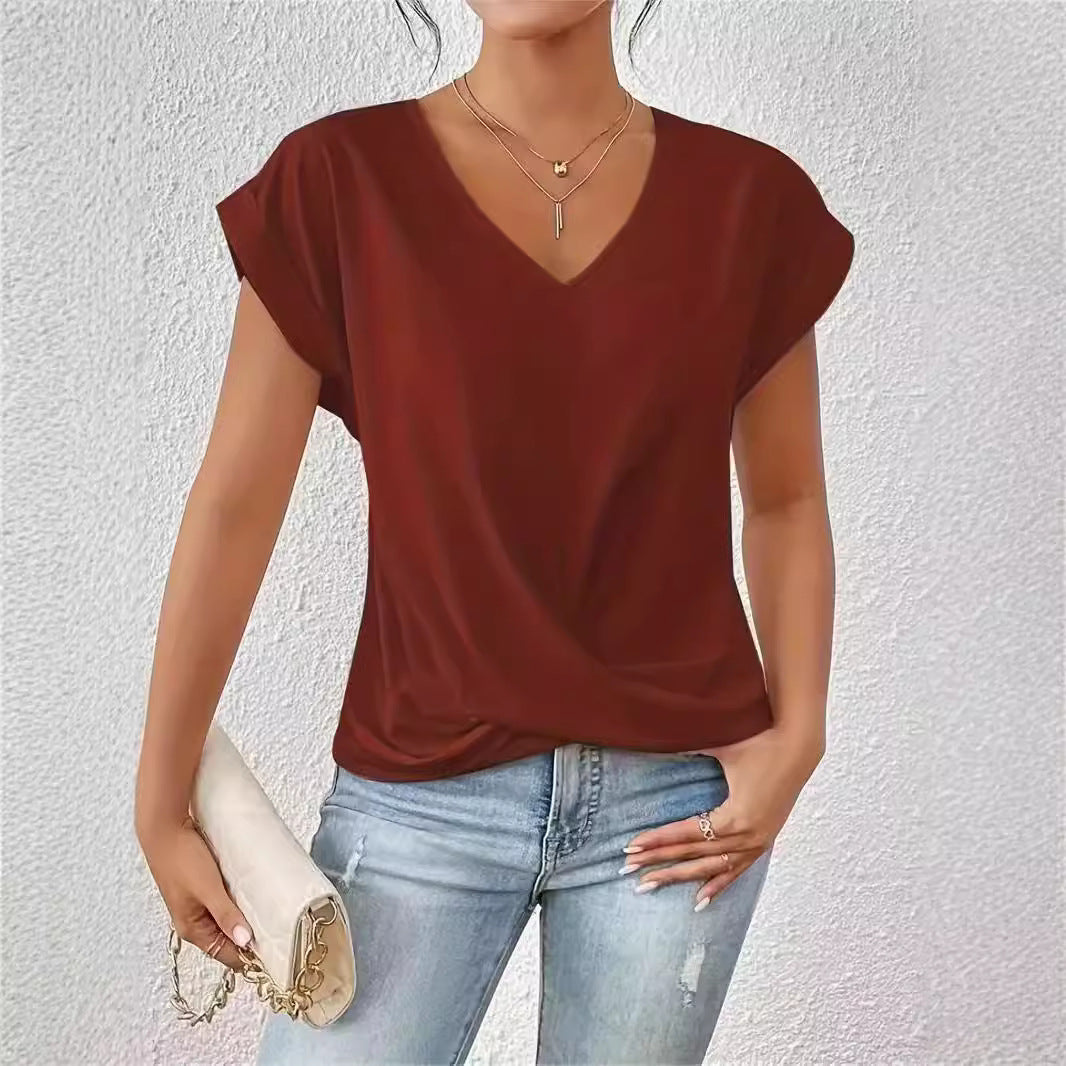 Women's Summer Solid Color Short-sleeved T-shirt Elegant Blouses