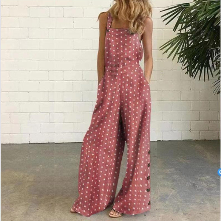 Women's Linen Printed Fastener Decoration Sleeveless Loose Jumpsuits