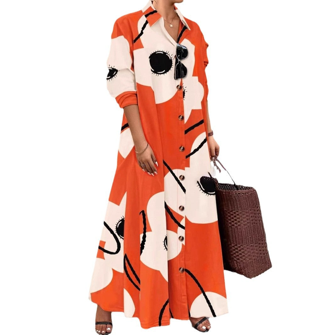 Long Sleeve Printed Loose Elegant Shirt Dresses