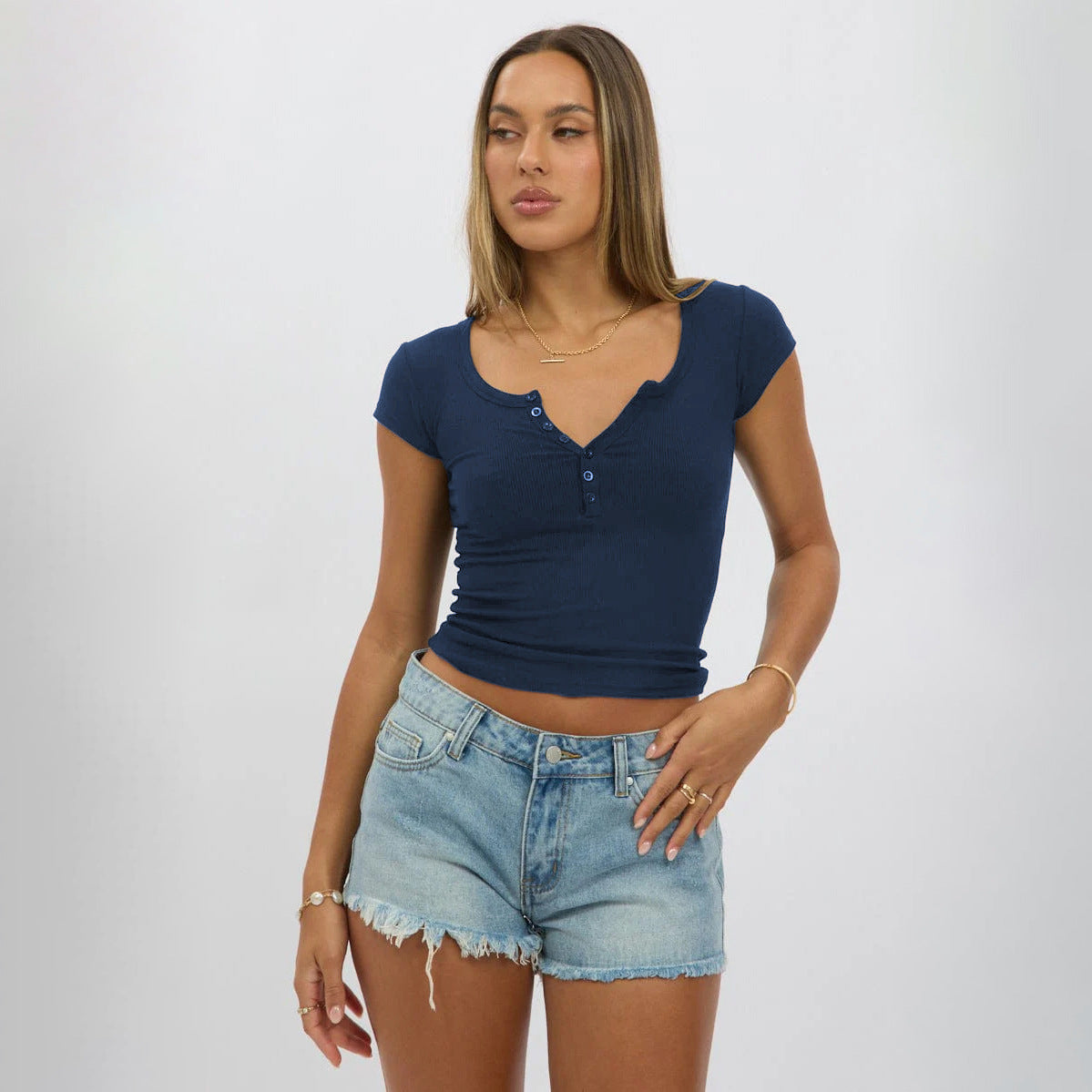 Women's Solid Color Placket Button Design Sexy Blouses