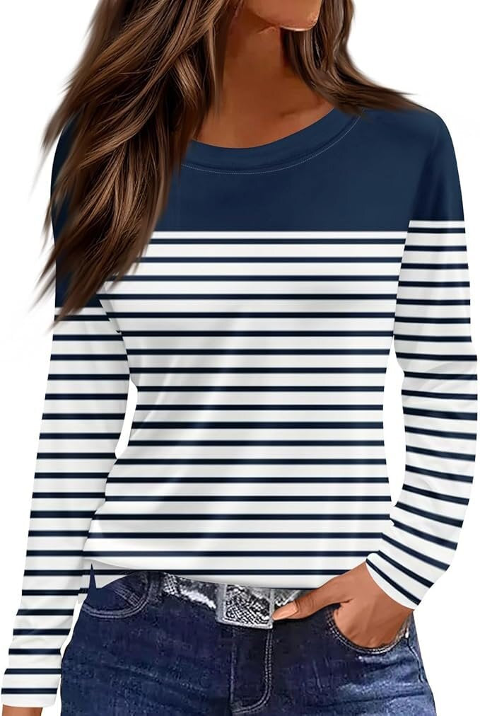 Women's Round Neck Printed Solid Color Long Blouses