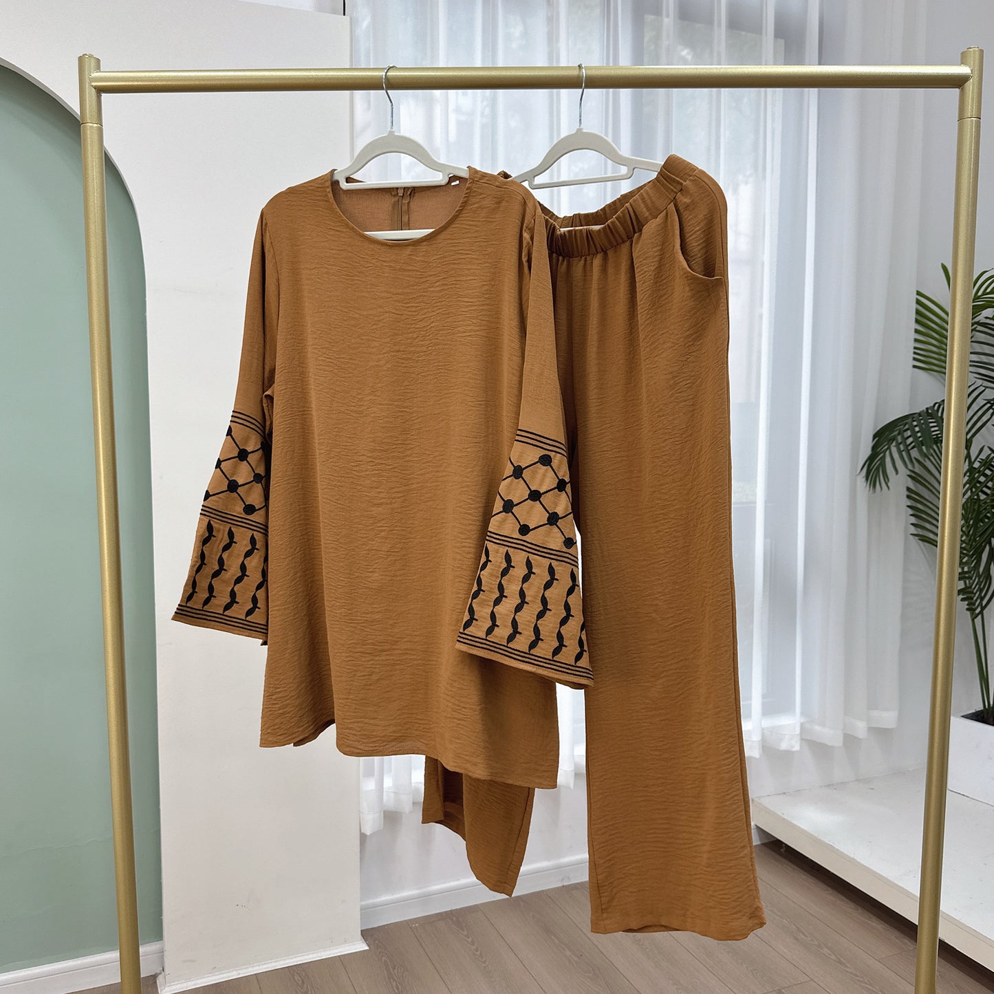 Casual Turkish Embroidered Wide Leg Two-piece Suits