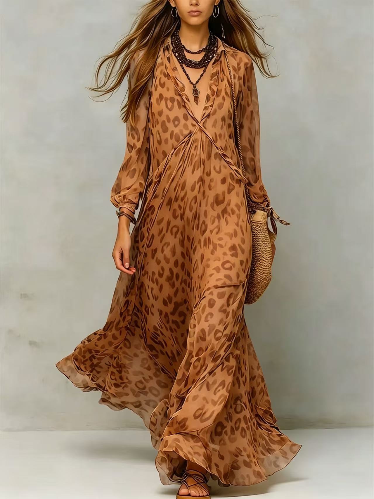 Women's Leopard Print Chiffon Long Sleeve Deep Dress