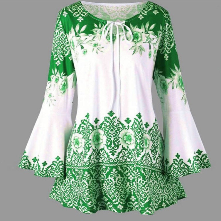 Women's Popular Print Long Horn Sleeve T-shirt Blouses