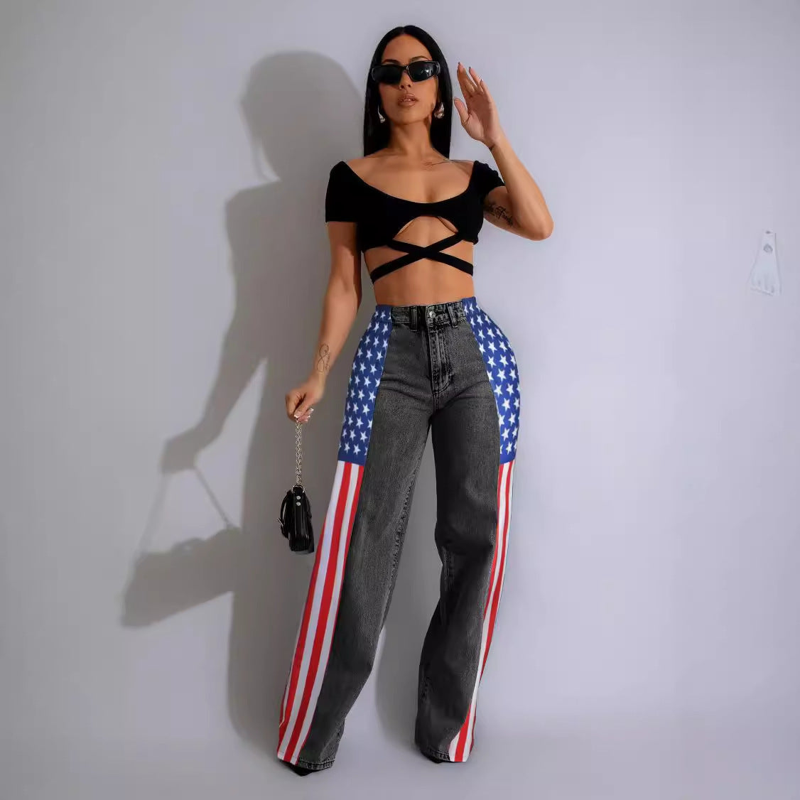 Women's Fashion Flag Print Stretchy Denim Trousers Casual High Jeans