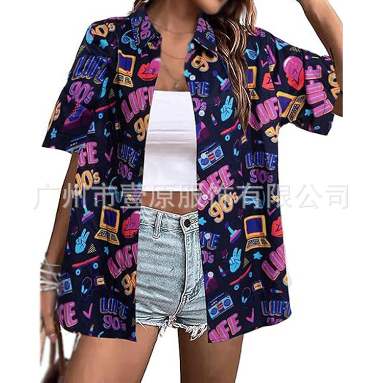 Women's Summer Hawaiian Shirt Sleeve Retro Printed Blouses