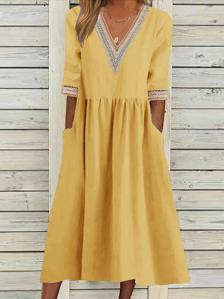 Women's Loose Cotton Linen Lace Collar Half Dresses
