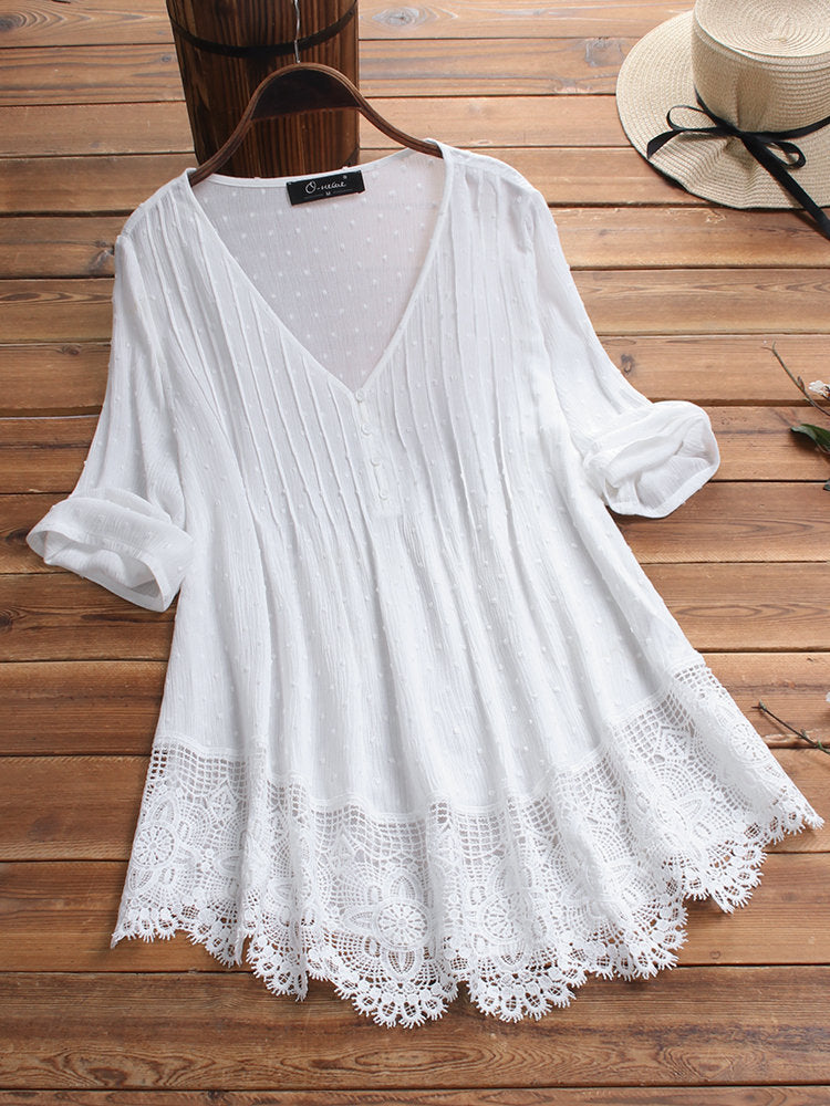 Women's Summer Jacquard Pleated Lace Hollow Out Blouses