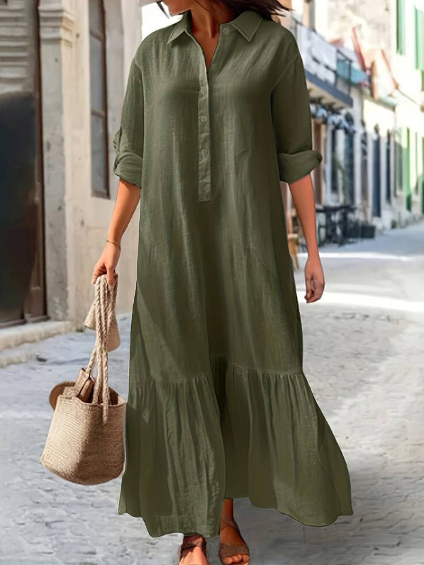 Long Irregular Shirt Collar Button Casual Dress