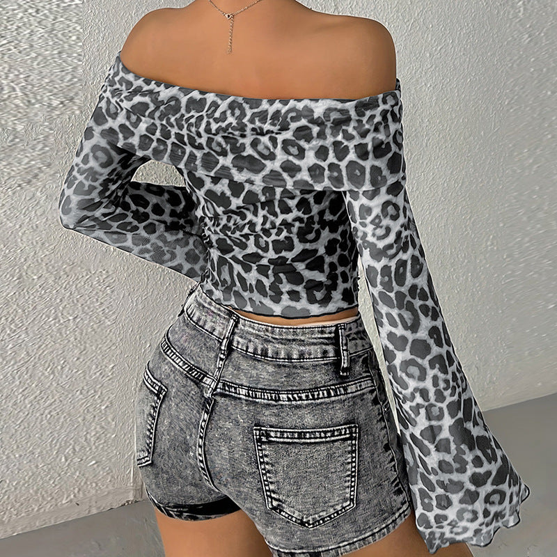Women's Sexy Long Sleeves Cropped Leopard Print Blouses