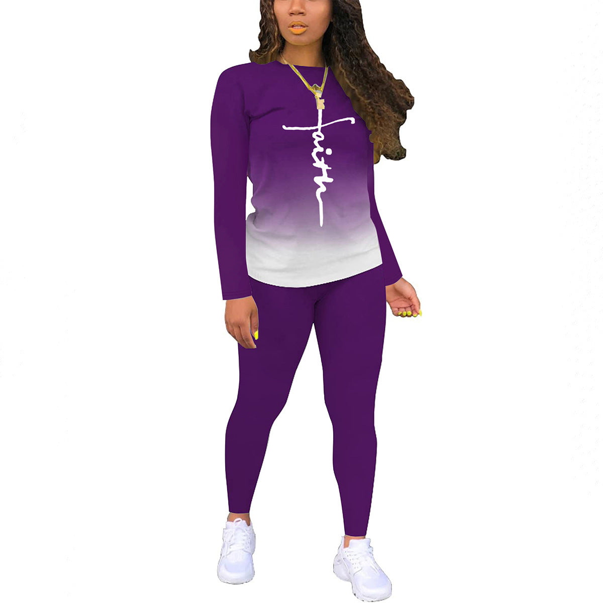 Women's Color Gradient Printing Round Neck Long Sleeve Trousers Suits