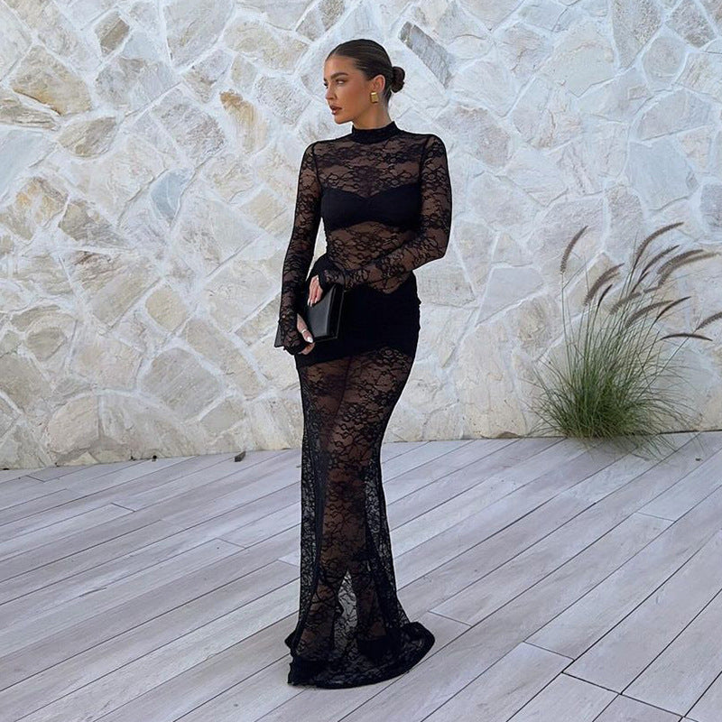 Hot Style Jacquard Lace Half Turtleneck Long Dress