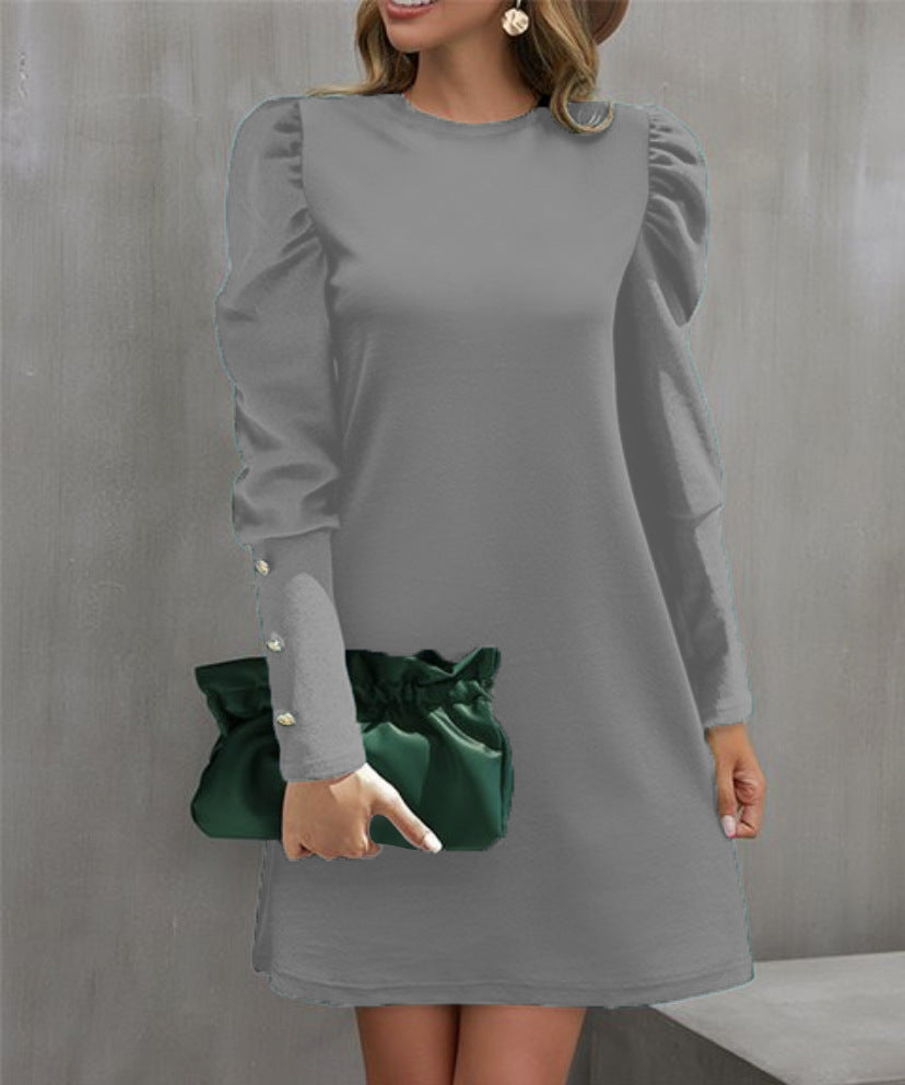 Women's Solid Color Round Neck Slim Bubble Dress