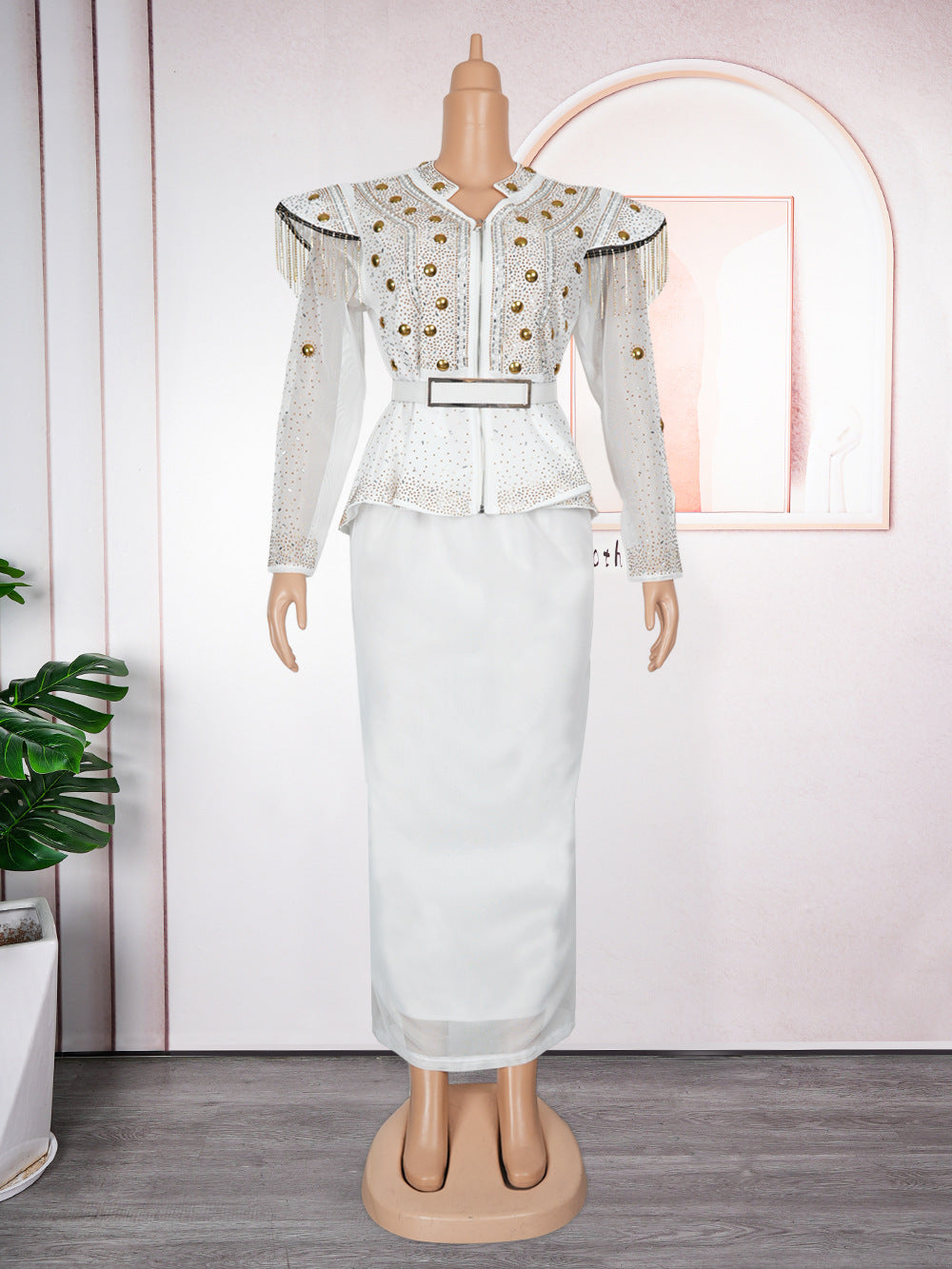 Women's African Dress Rhinestone Two-piece Set Suits