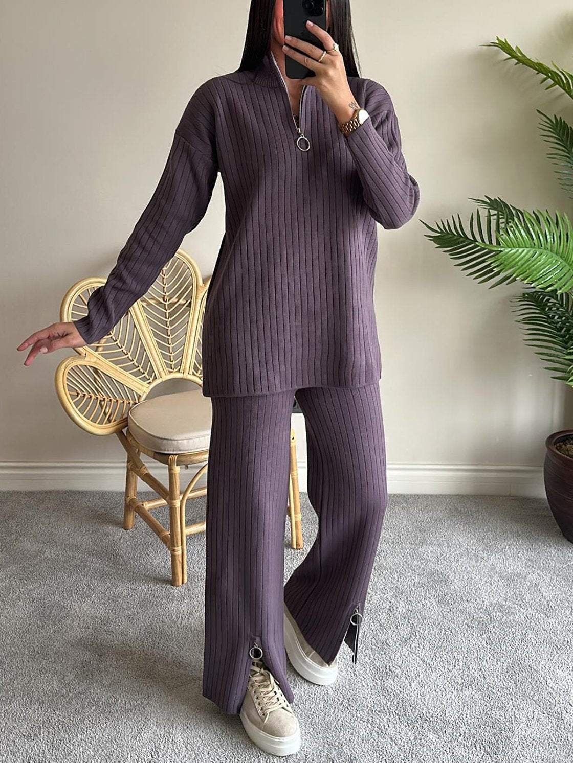 Women's Zipper Knitting High Neck Ribbing Home Suits