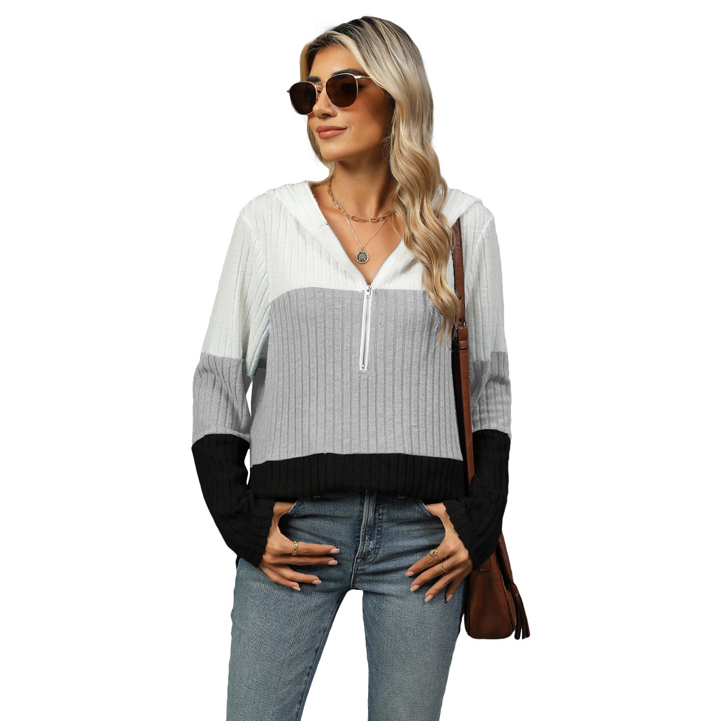 Women's Loose Color Contrast Patchwork Zipper Hooded Blouses