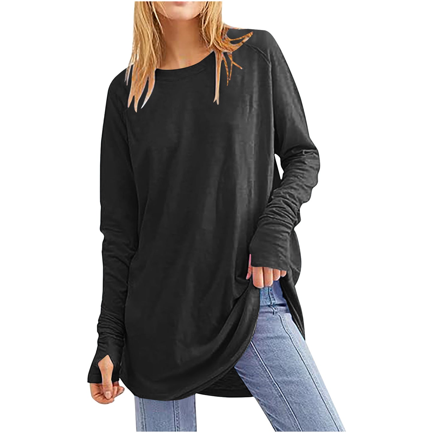 Women's Solid Color Loose Round Neck Long Sleeve With Blouses