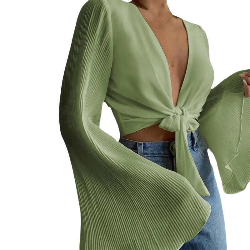 Mature Solid Color Pleated Extra Long Flare Sleeve Slim Blouses
