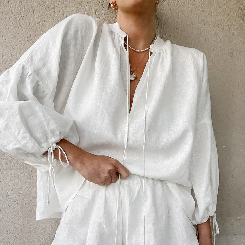 Linen Solid Color Loose Lantern Sleeve Two-piece Summer Suits